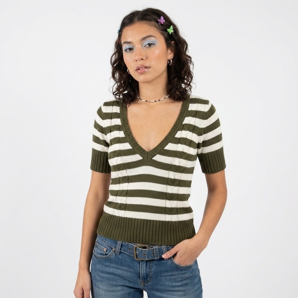 Y2K Old Navy Stripe Cable Knit Sweater M Fisherman Preppy Dark Academia Vintage